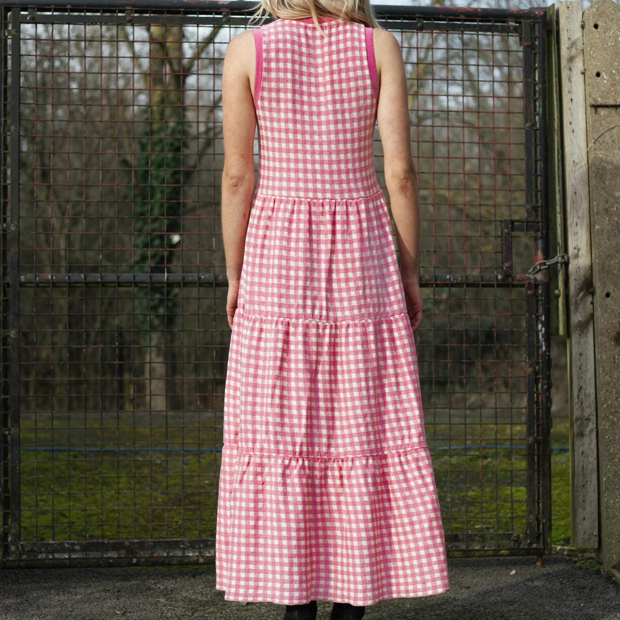 Paula Gingham Cotton Knitted Maxi Dress - Hot Pink - Image 4