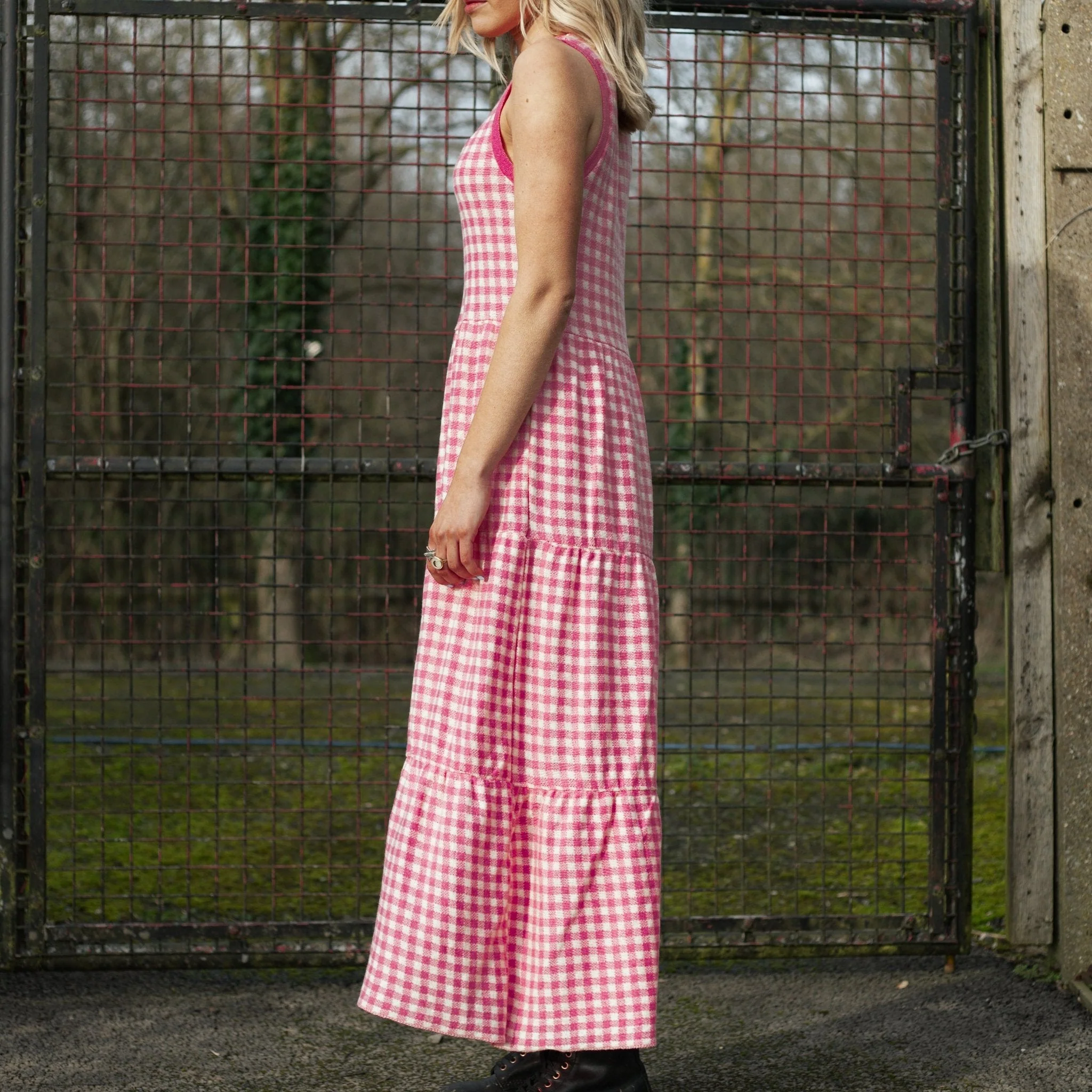 Paula Gingham Cotton Knitted Maxi Dress - Hot Pink - Image 5