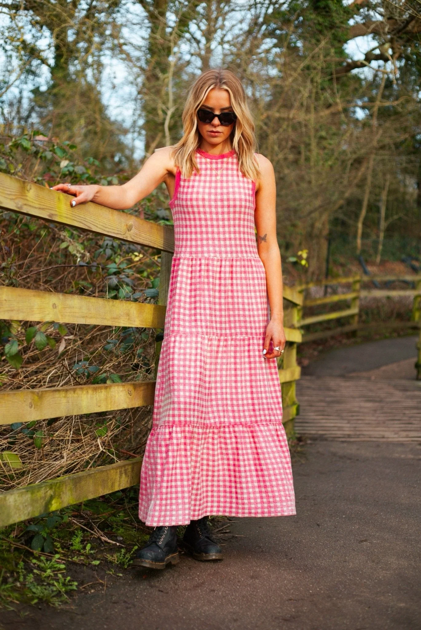 Paula Gingham Cotton Knitted Maxi Dress - Hot Pink - Image 7