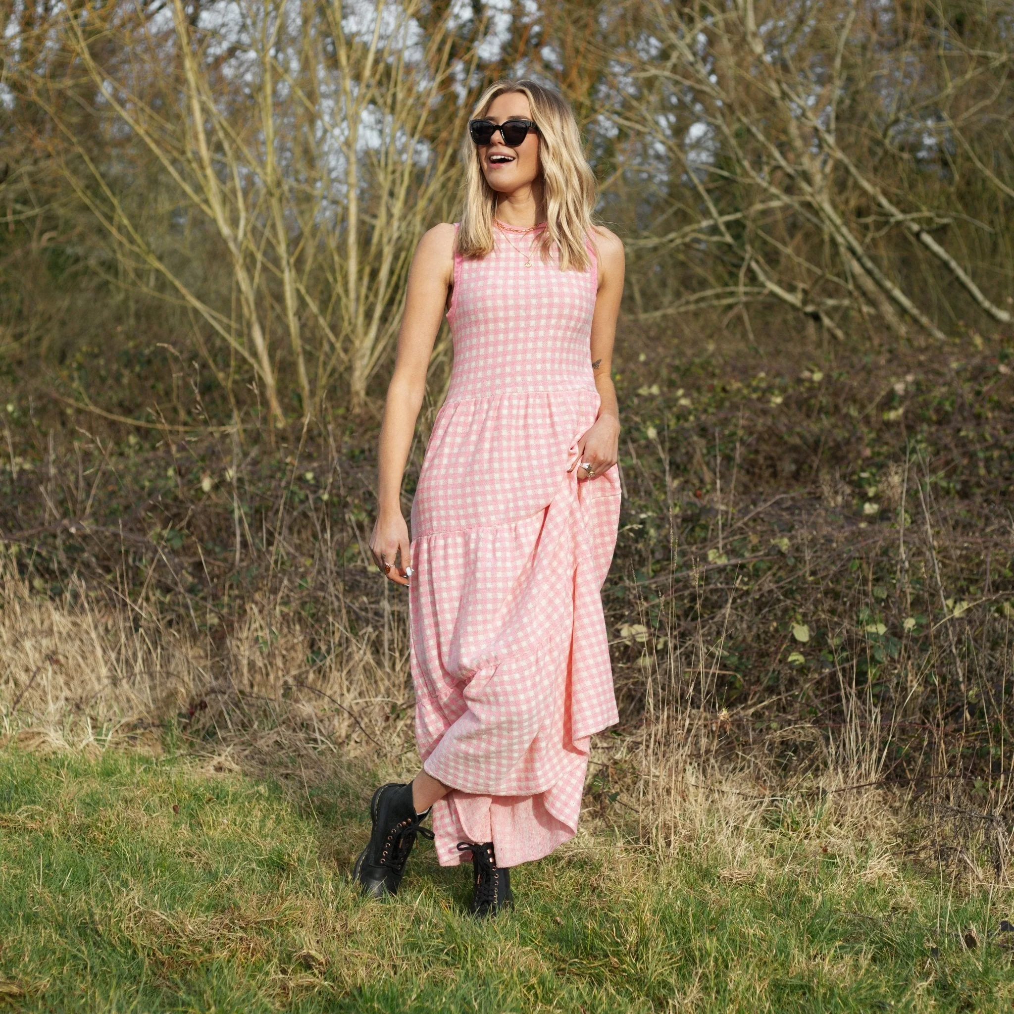Paula Gingham Cotton Knitted Maxi Dress - Light Pink - Image 6