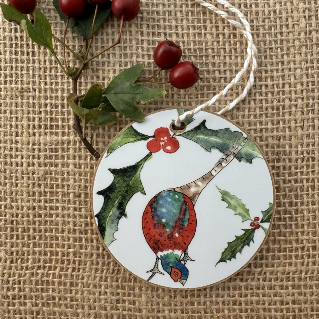 Pecking Pheasant Wooden Hanging Christmas Decoration - Image 2