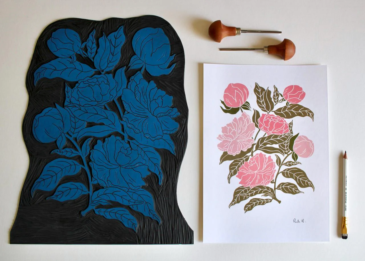 Peonies Linocut Art Print | Beautiful Peony flower bunch linocut artwork / A4 Wall Art Print on Cotton Paper / peony, paeony art print - Image 2