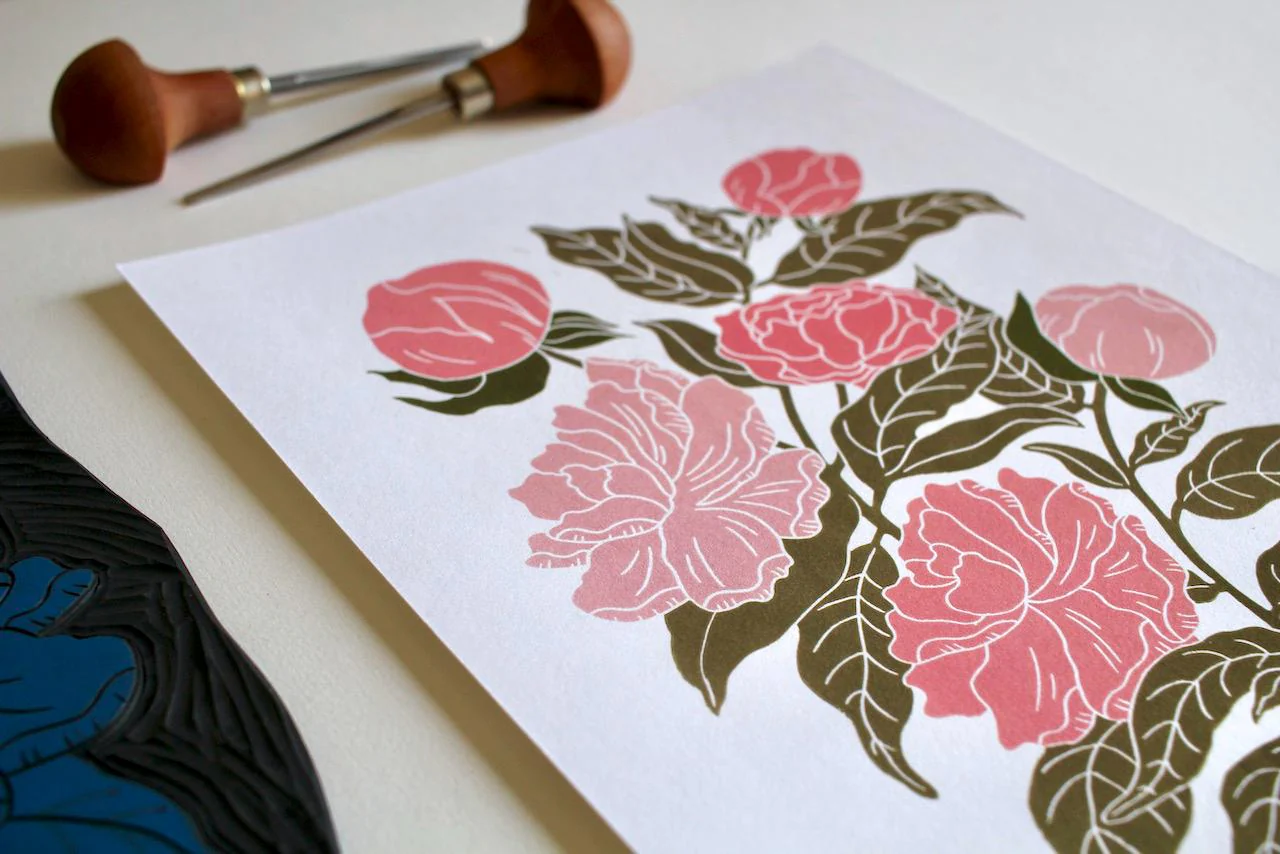 Peonies Linocut Art Print | Beautiful Peony flower bunch linocut artwork / A4 Wall Art Print on Cotton Paper / peony, paeony art print - Image 3