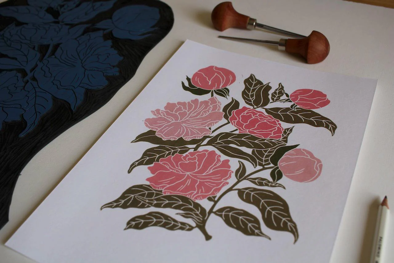 Peonies Linocut Art Print | Beautiful Peony flower bunch linocut artwork / A4 Wall Art Print on Cotton Paper / peony, paeony art print - Image 4