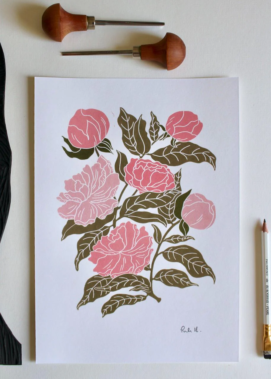 Peonies Linocut Art Print | Beautiful Peony flower bunch linocut artwork / A4 Wall Art Print on Cotton Paper / peony, paeony art print - Image 5