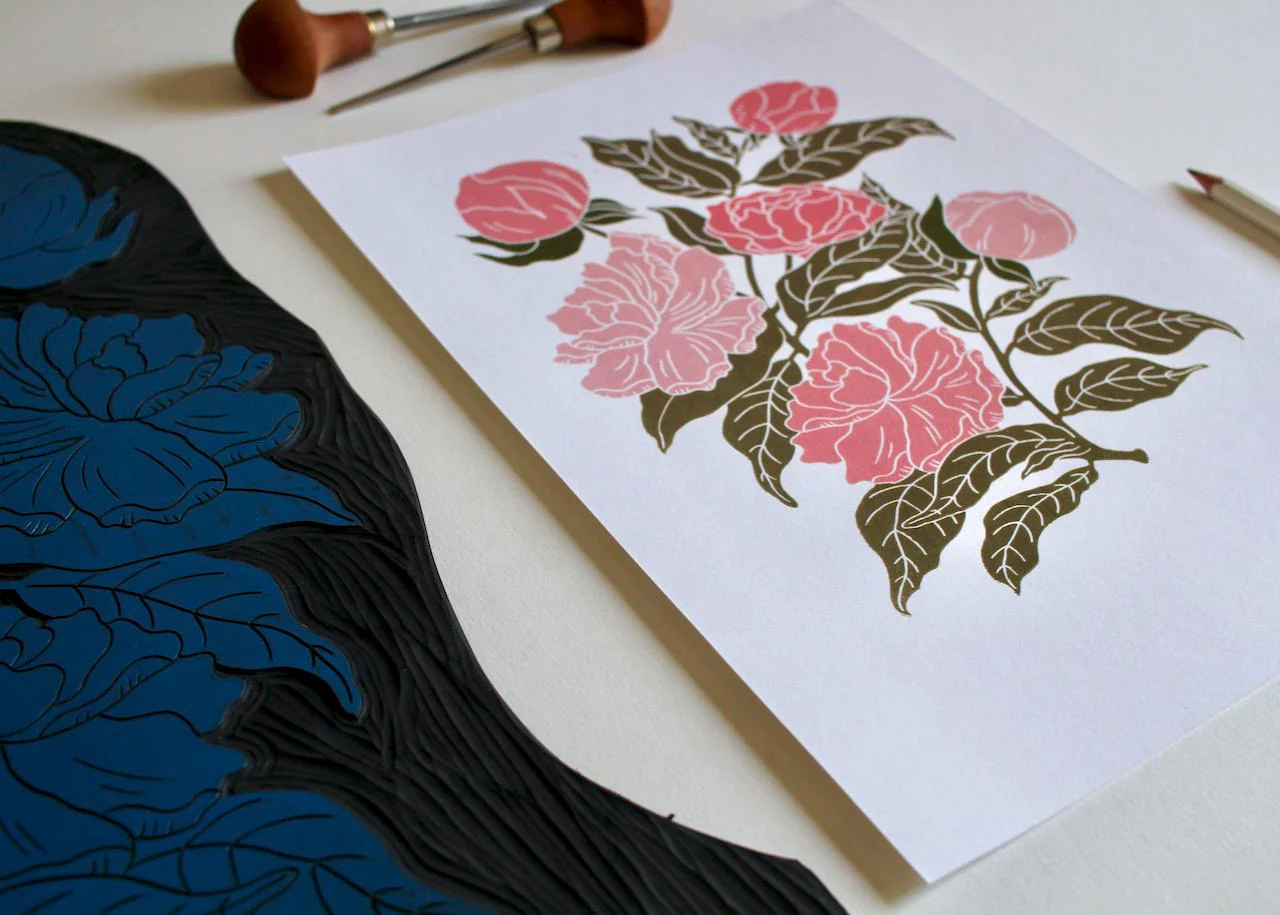 Peonies Linocut Art Print | Beautiful Peony flower bunch linocut artwork / A4 Wall Art Print on Cotton Paper / peony, paeony art print - Image 6