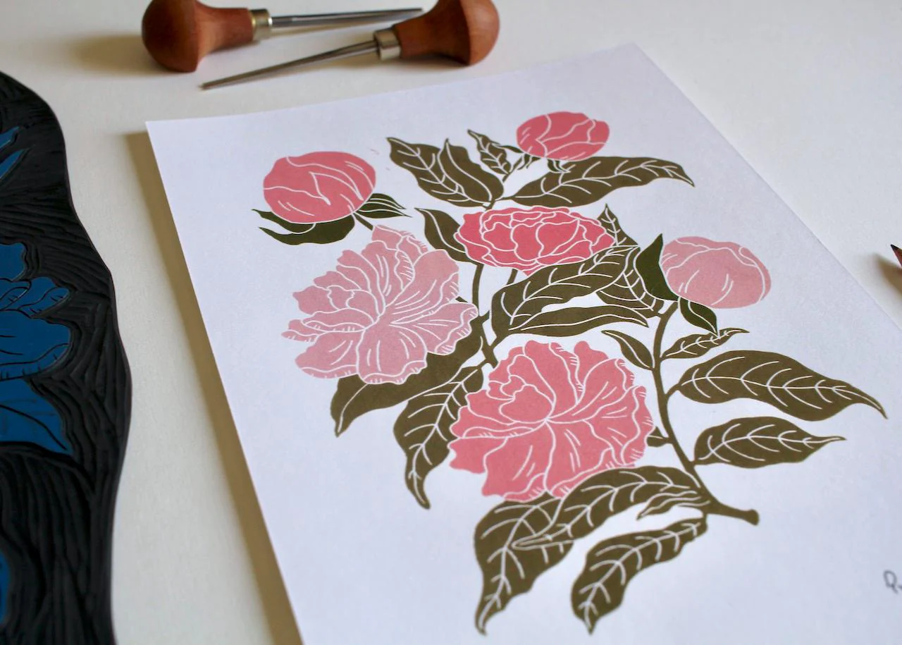 Peonies Linocut Art Print | Beautiful Peony flower bunch linocut artwork / A4 Wall Art Print on Cotton Paper / peony, paeony art print - Image 7