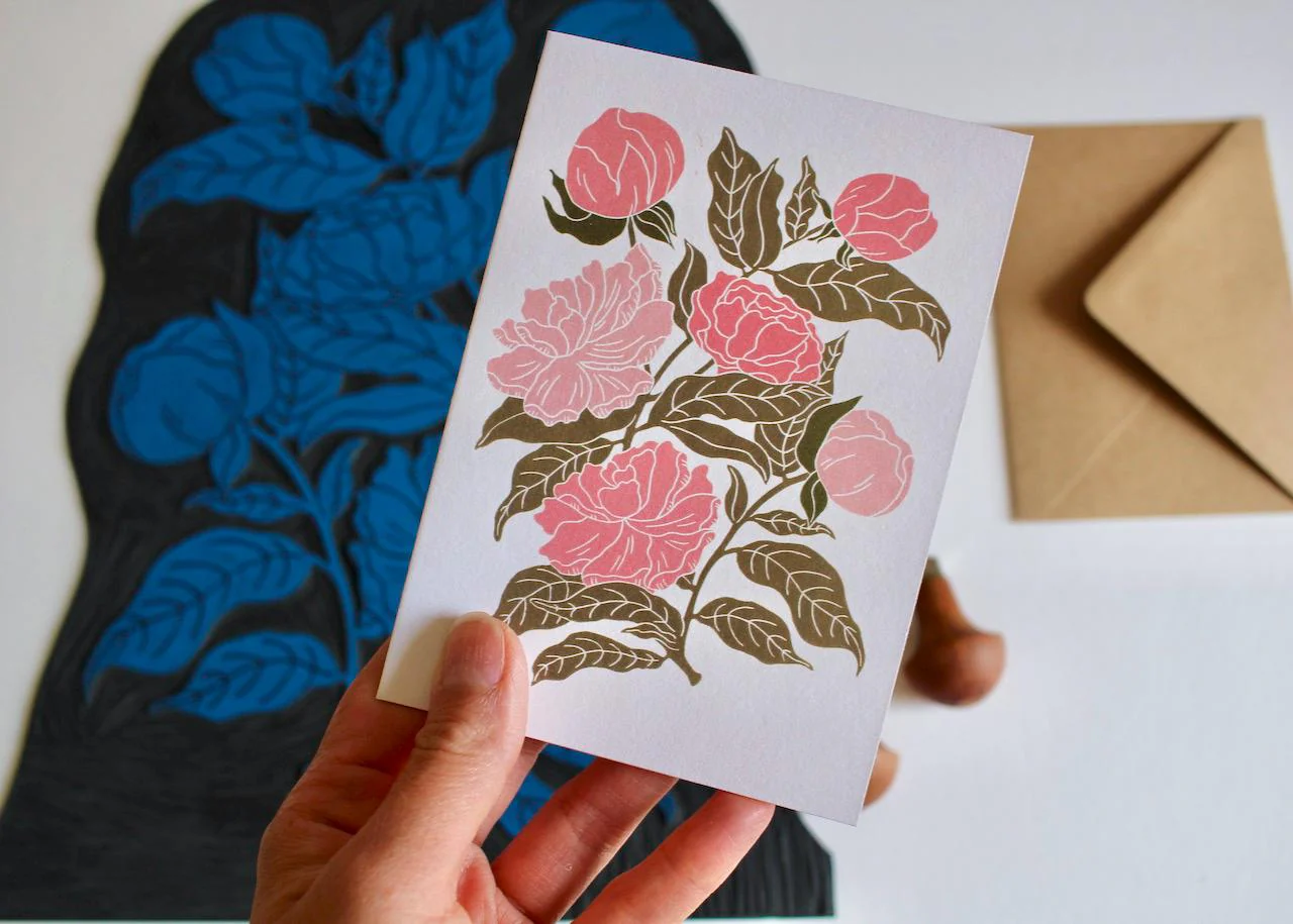Peonies Linocut Greeting Card | Single Card & Envelope - Image 2