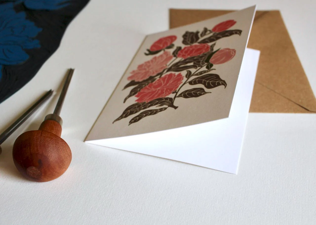 Peonies Linocut Greeting Card | Single Card & Envelope - Image 3
