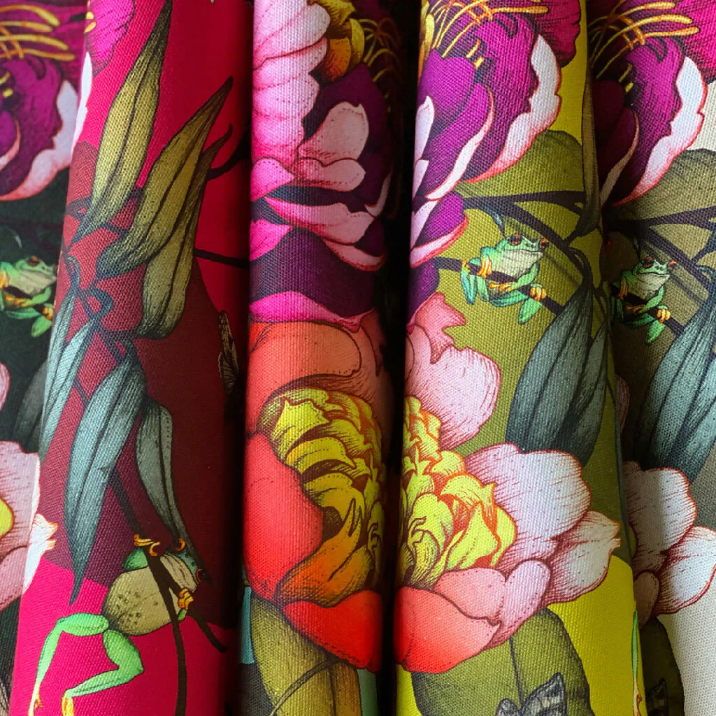 Peony and Tree Frog Organic Cotton Tea Towel - Various Colours