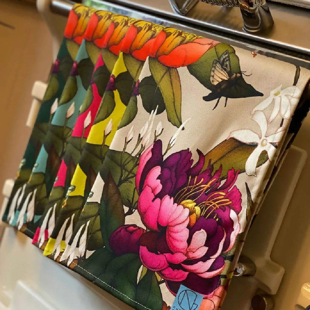 Peony and Tree Frog Organic Cotton Tea Towel - Various Colours - Image 2