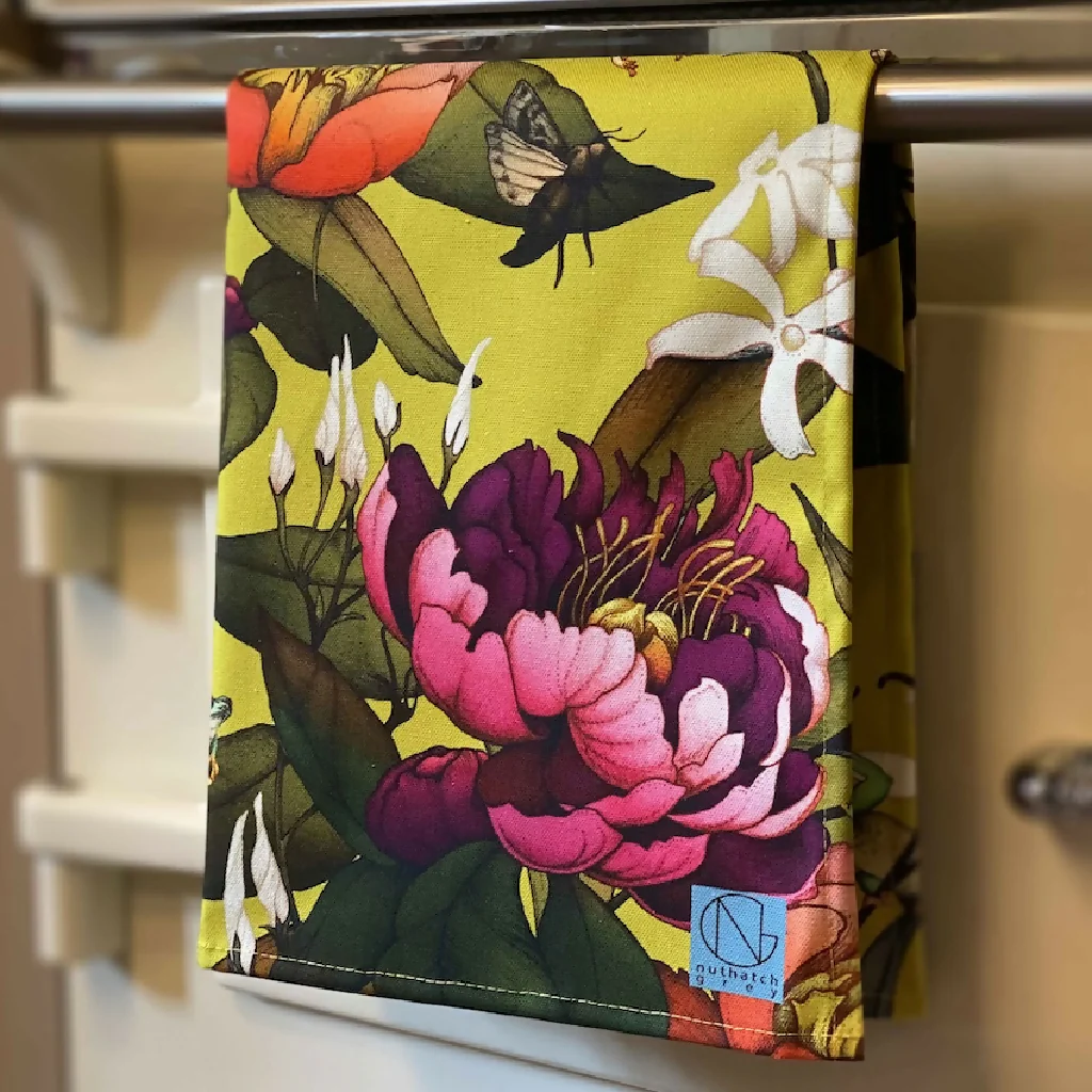 Peony and Tree Frog Organic Cotton Tea Towel - Various Colours - Image 3