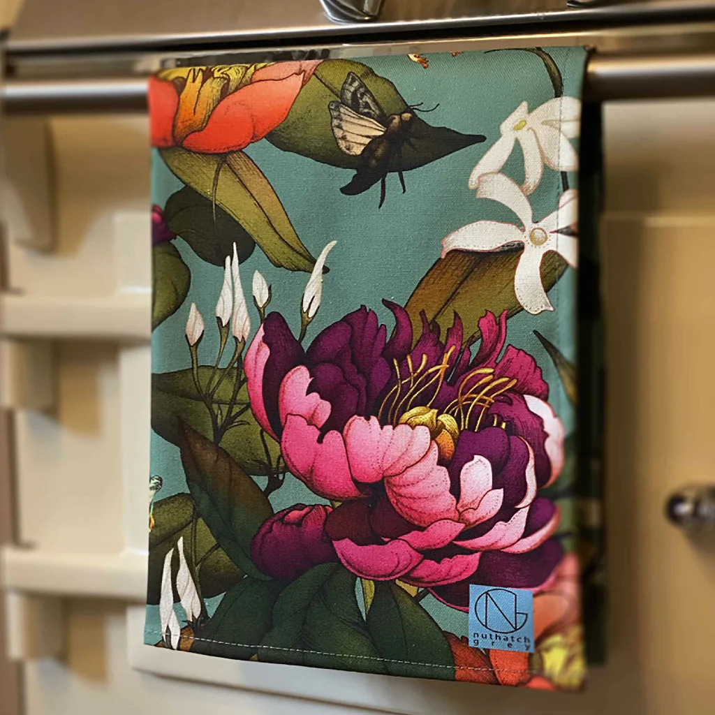 Peony and Tree Frog Organic Cotton Tea Towel - Various Colours - Image 4