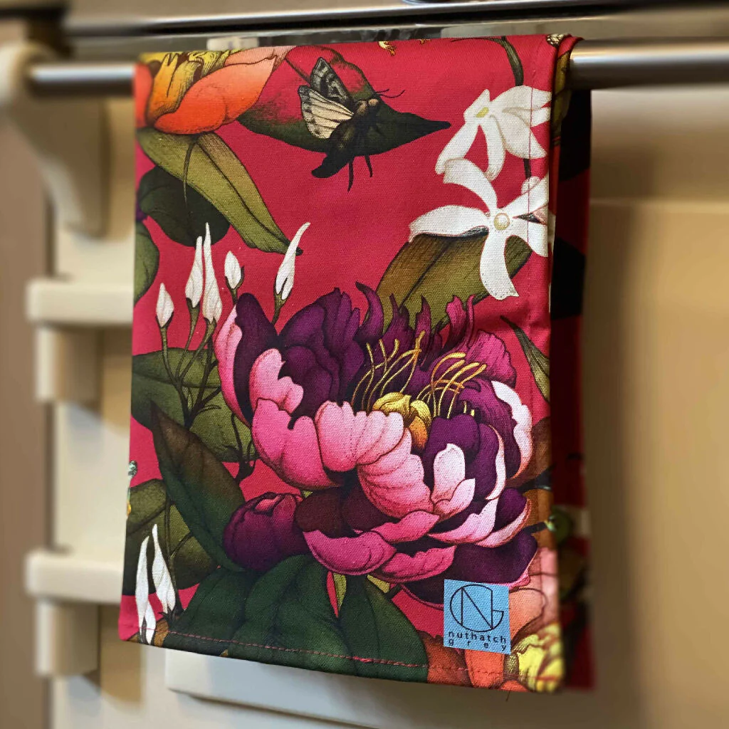 Peony and Tree Frog Organic Cotton Tea Towel - Various Colours - Image 5