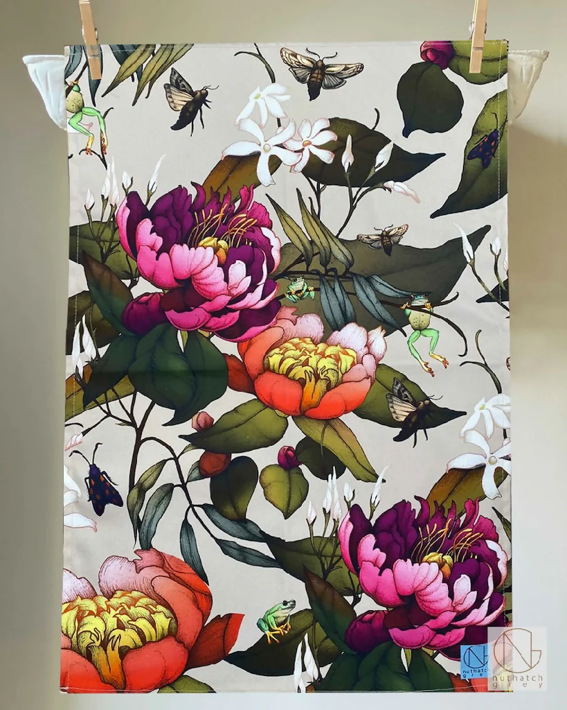 Peony and Tree Frog Organic Cotton Tea Towel - Various Colours - Image 6