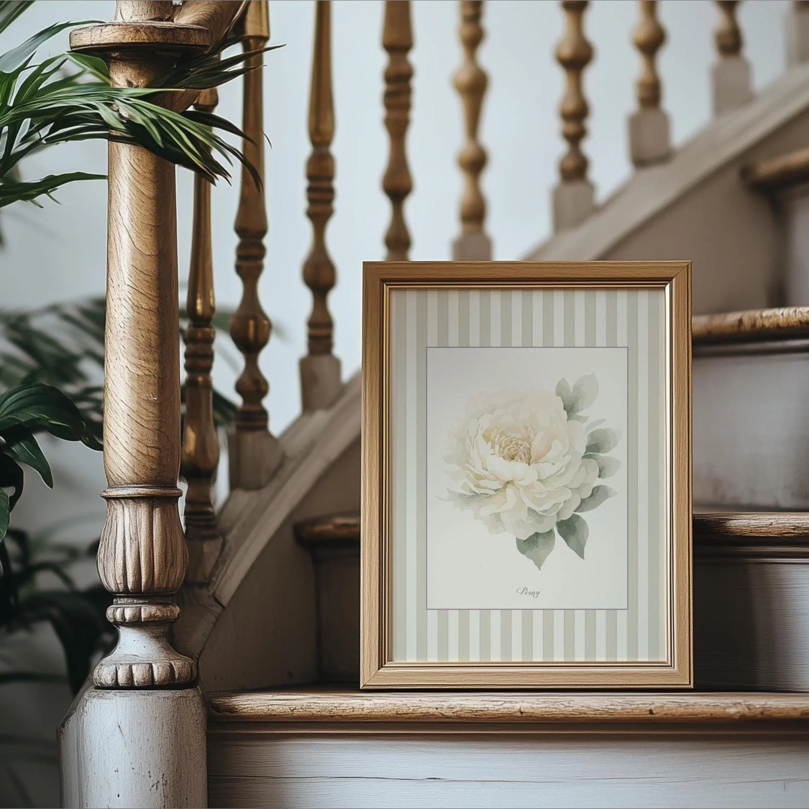 Peony Floral Painting Botanical Print Striped Artwork - Image 3