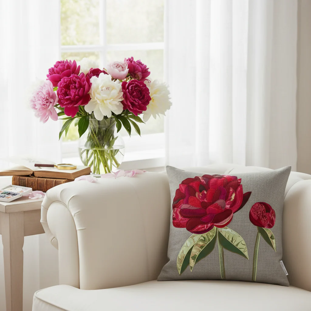 Peony Flower Handmade Cushion