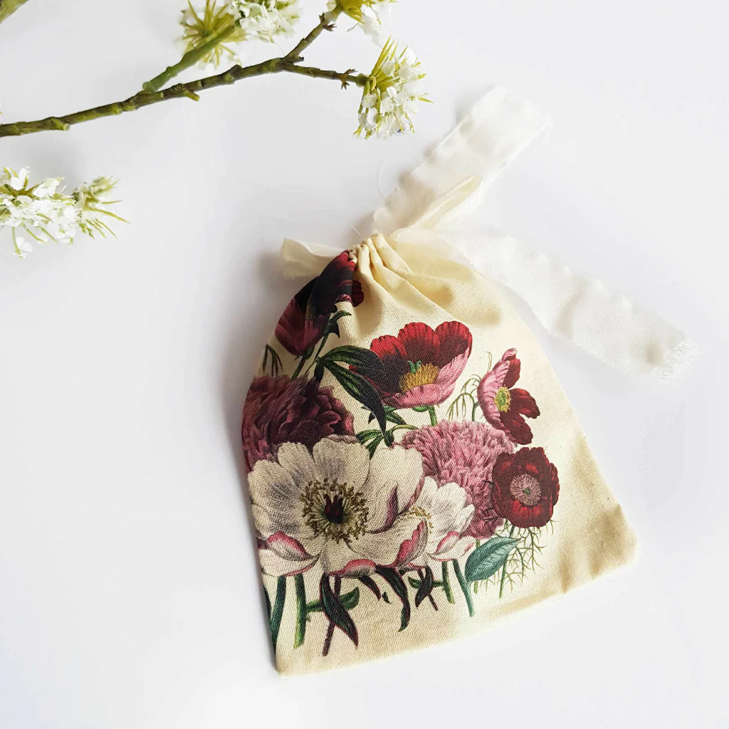 Peony Print Organic Cotton Gift Bag with Silk Tie in Pink, Cream and Red