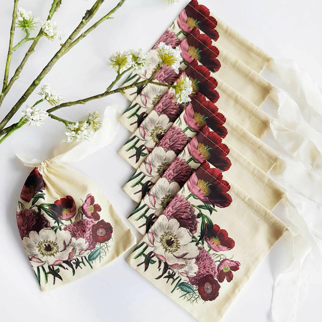 Peony Print Organic Cotton Gift Bag with Silk Tie in Pink, Cream and Red - Image 2