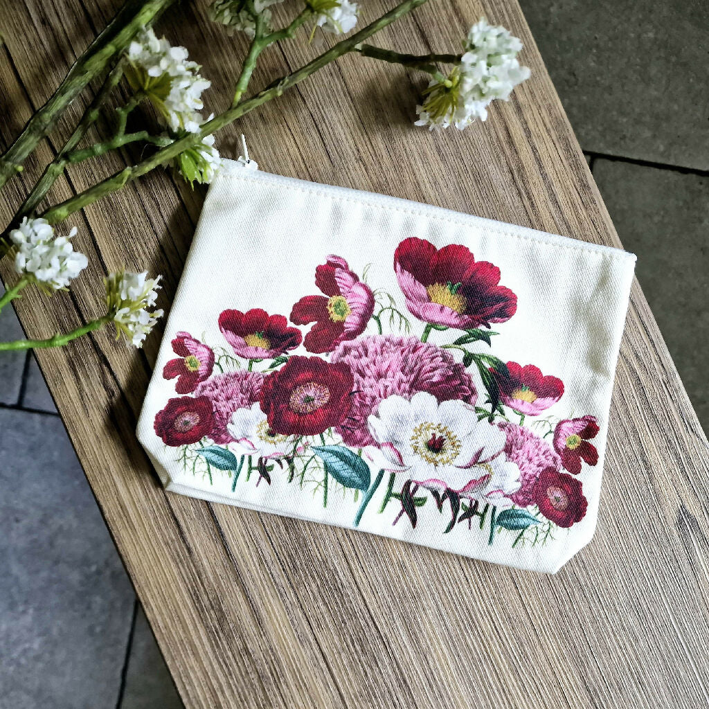 Peony Print Organic Cotton Make Up Zip Bag in Pink and Vanilla - Image 2