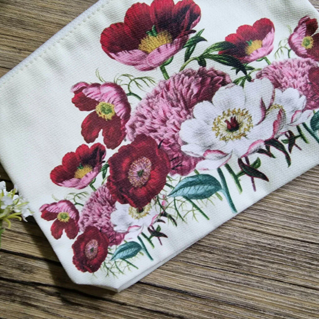 Peony Print Organic Cotton Make Up Zip Bag in Pink and Vanilla - Image 3