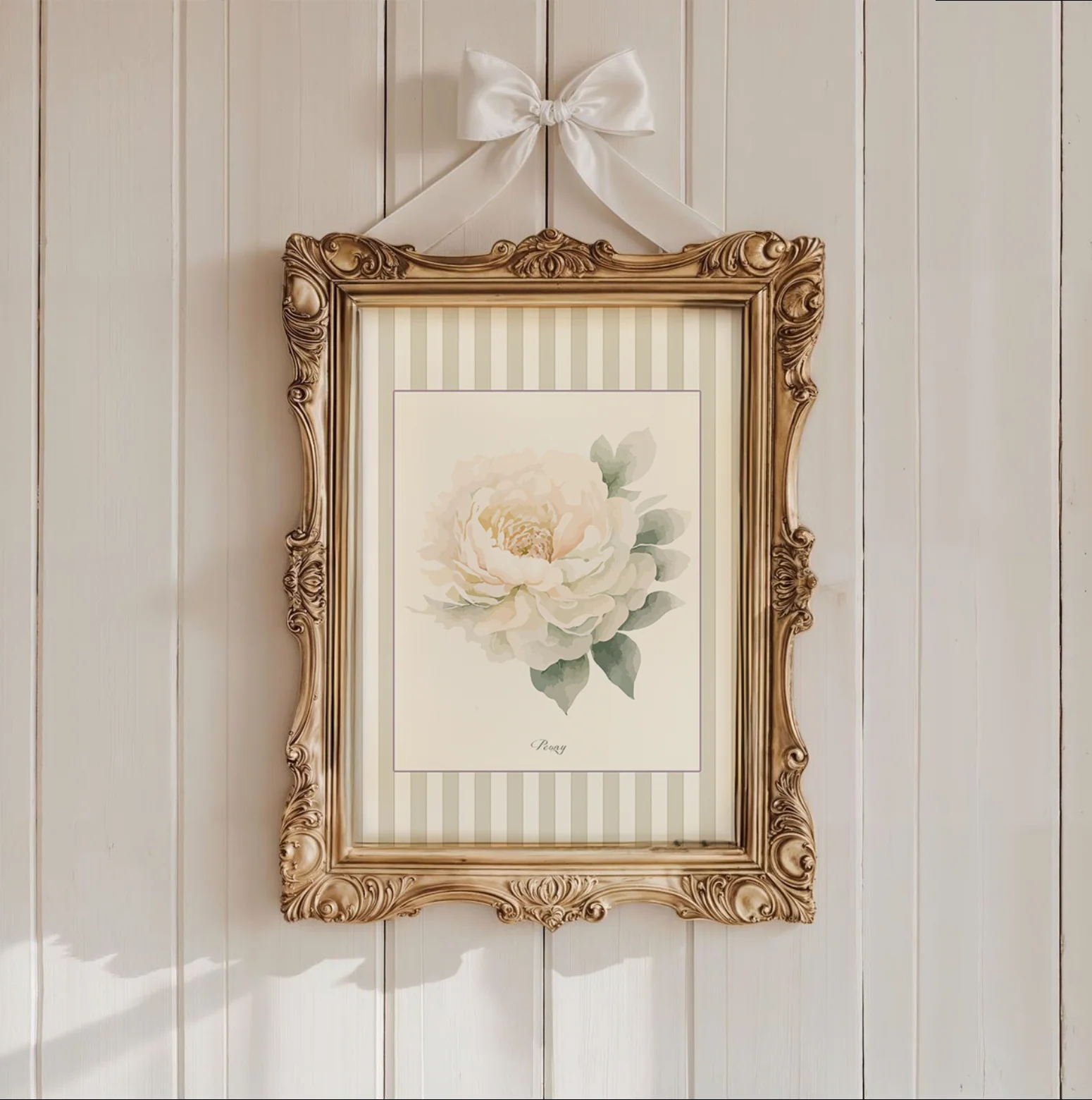 Peony Watercolor Illustration framed by a Sage Green Striped Border