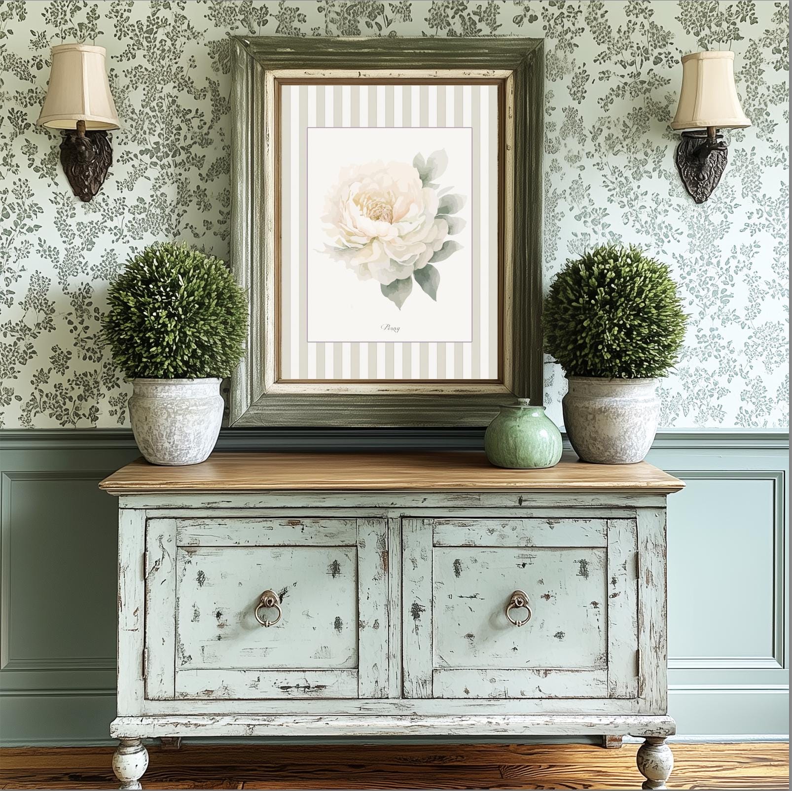 Peony Watercolor Illustration framed by a Sage Green Striped Border - Image 5