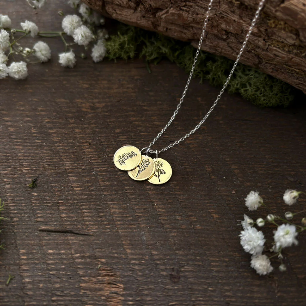 Personalised Brass Birth Flower Bouquet Necklace