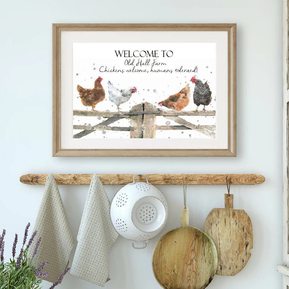 Personalised Chickens On Rural Gate Print