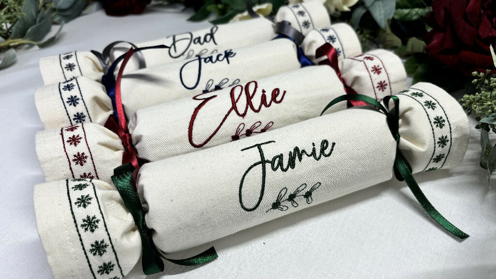 Personalised Fabric Reusable Eco Christmas Crackers - Calico 12 font colour choices - Image 3