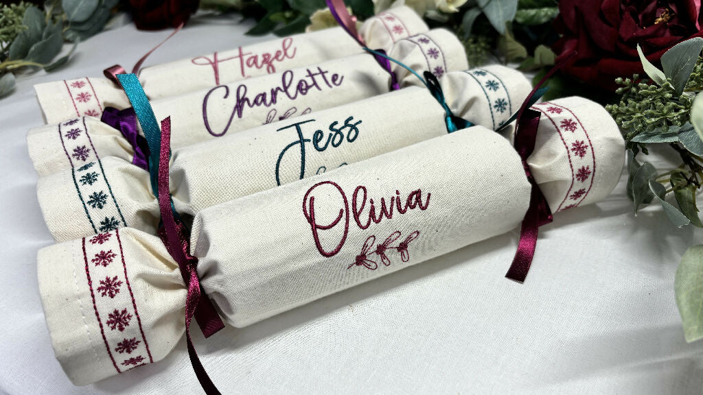 Personalised Fabric Reusable Eco Christmas Crackers - Calico 12 font colour choices - Image 4