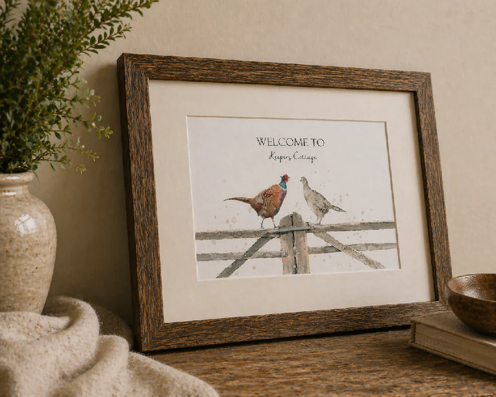Personalised Watercolour Pheasants On Country Gate Print