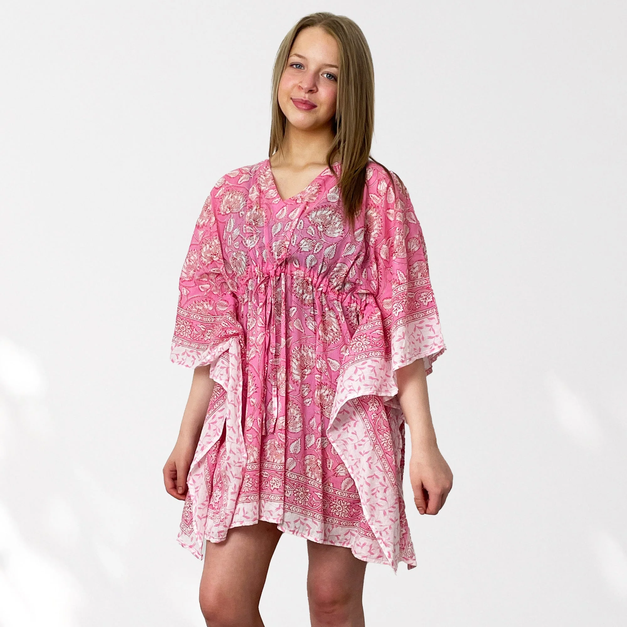 Pink Floral Print 100% Cotton Beach Kaftan - Image 2