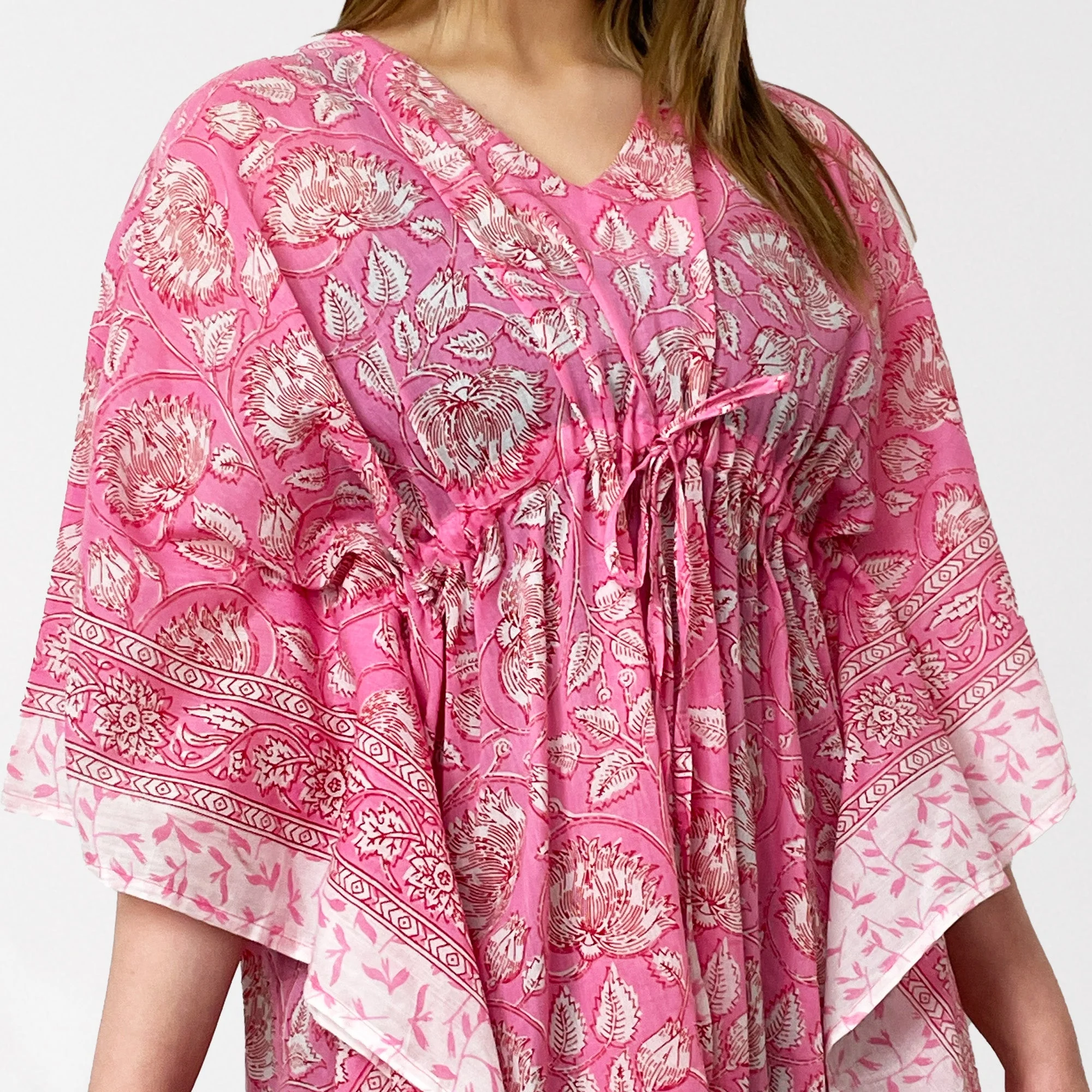 Pink Floral Print 100% Cotton Beach Kaftan - Image 3
