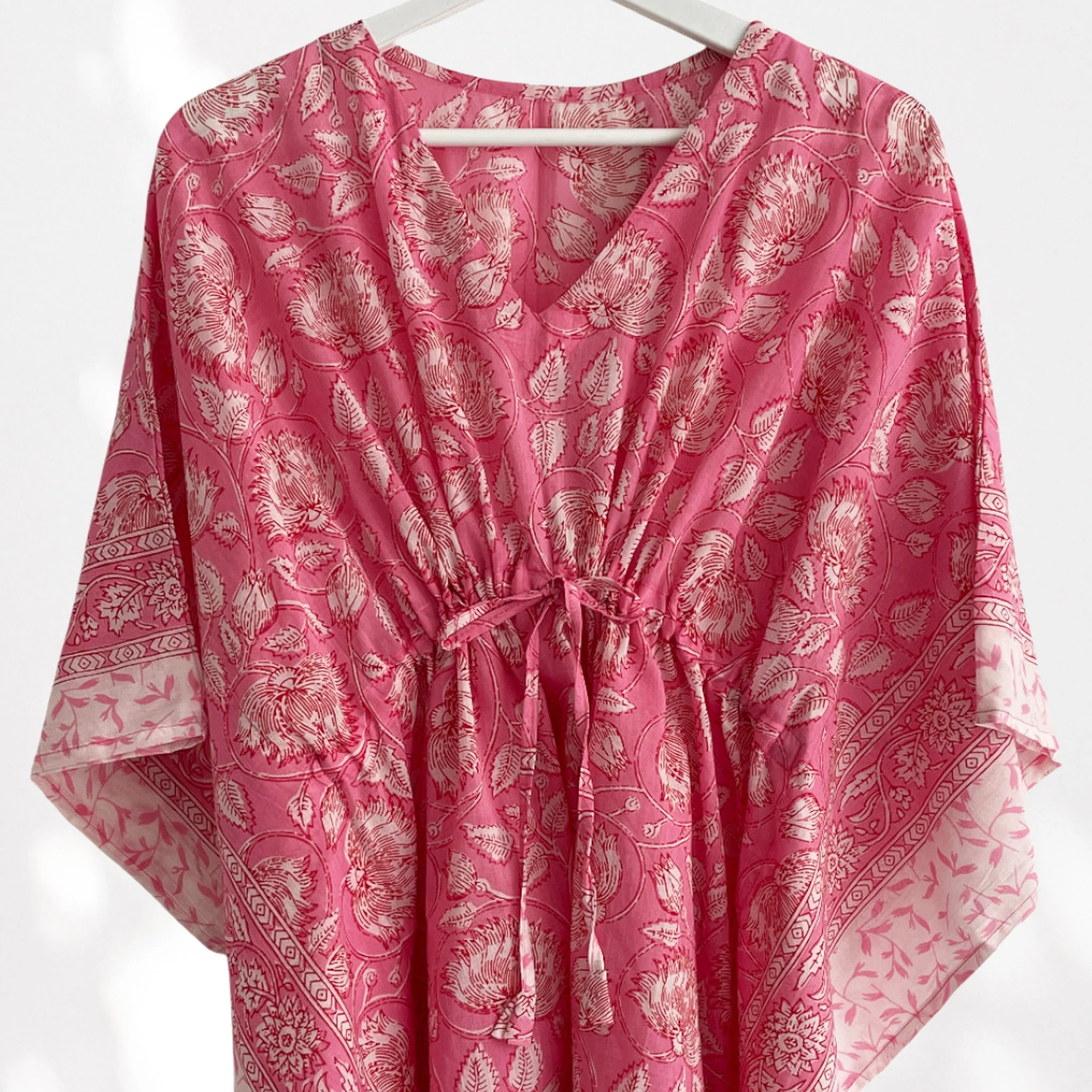 Pink Floral Print 100% Cotton Beach Kaftan - Image 5