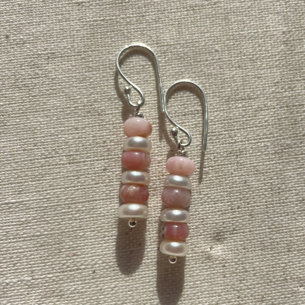 Pink Opal & Freshwater Pearls Sterling Silver Earrings - Image 2