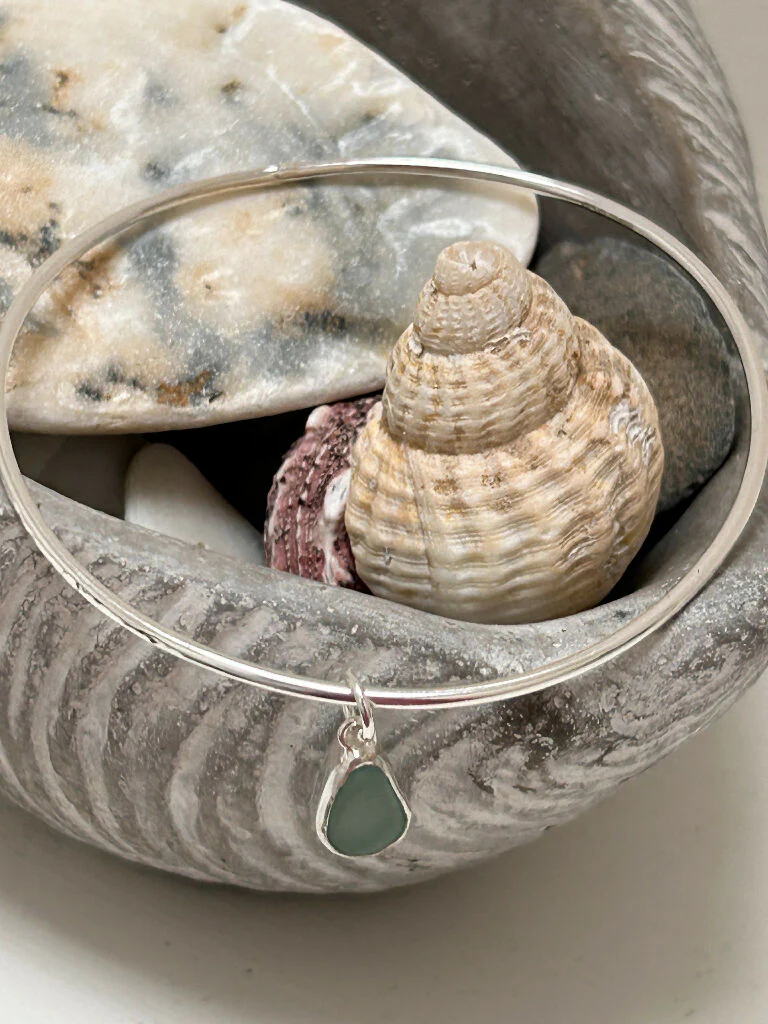 Aqua blue green seaglass silver stacking bangle