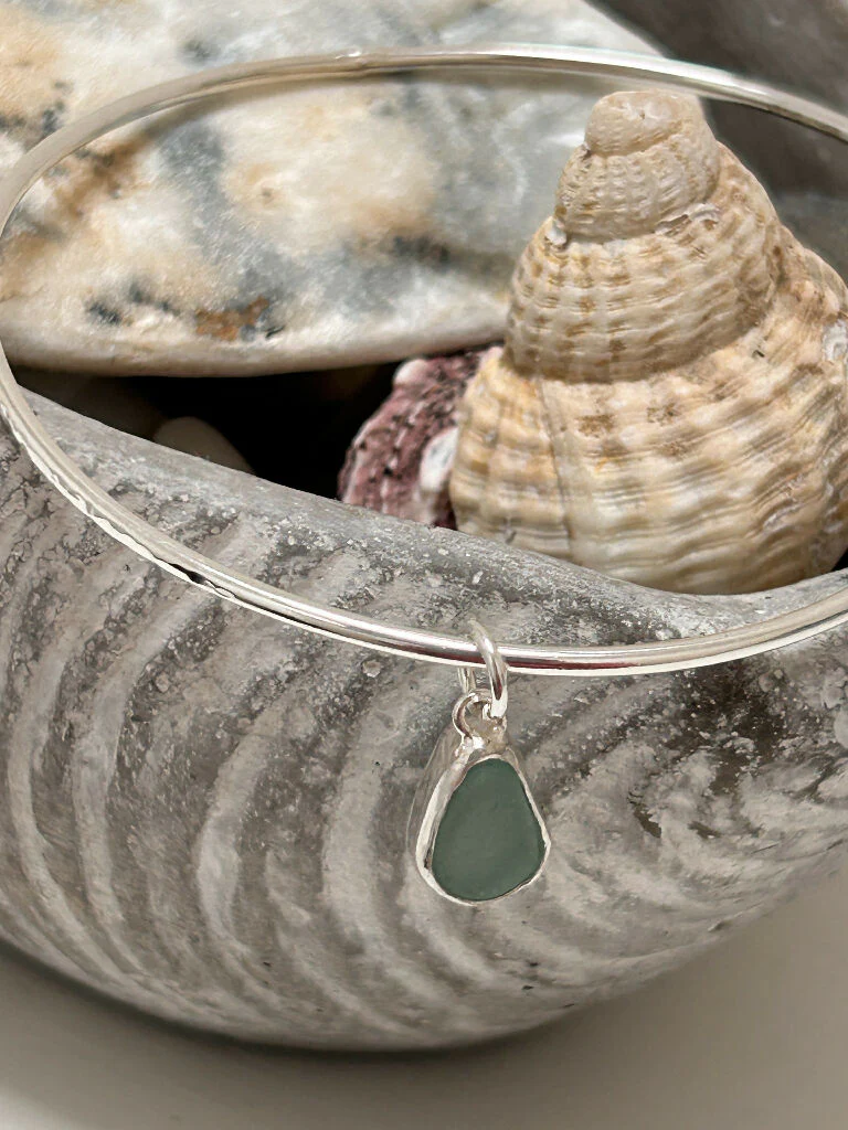 Aqua blue green seaglass silver stacking bangle - Image 2