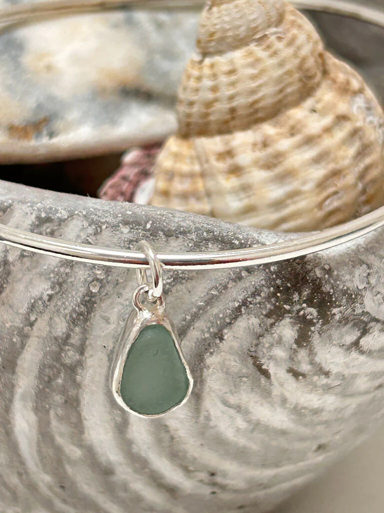 Aqua blue green seaglass silver stacking bangle - Image 3