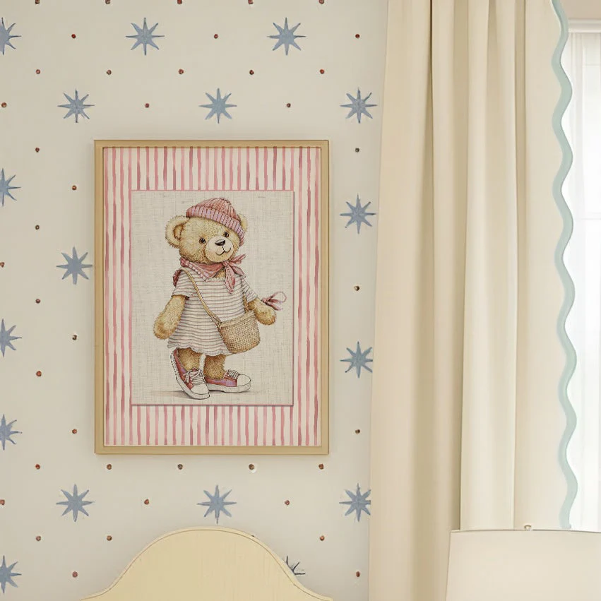 Pink Striped Bear Girl Print Vintage Bear Illustration