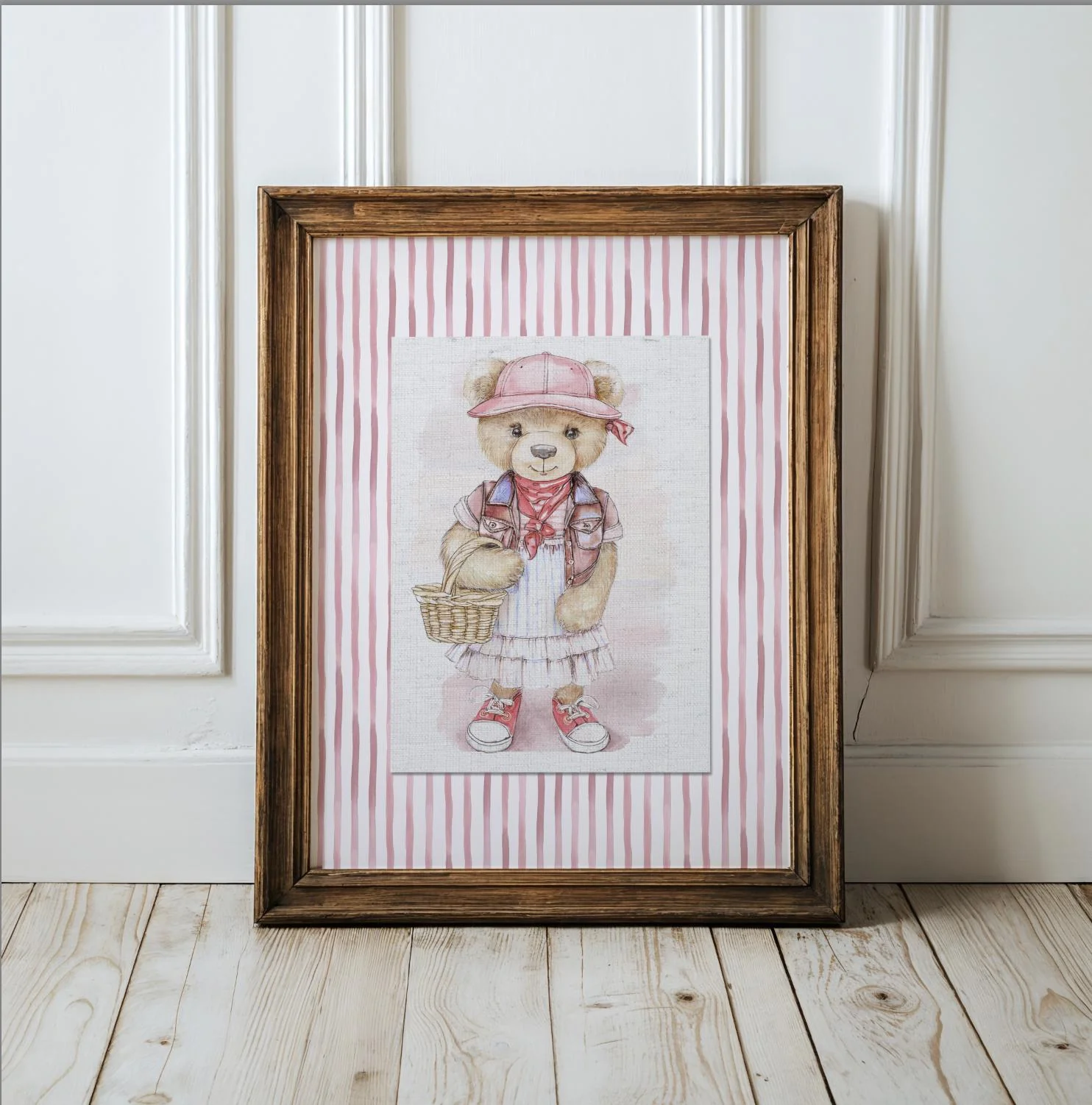 Pink Striped Wall Art Set Of 3 Bear Prints Nursery Room Decor - Image 3