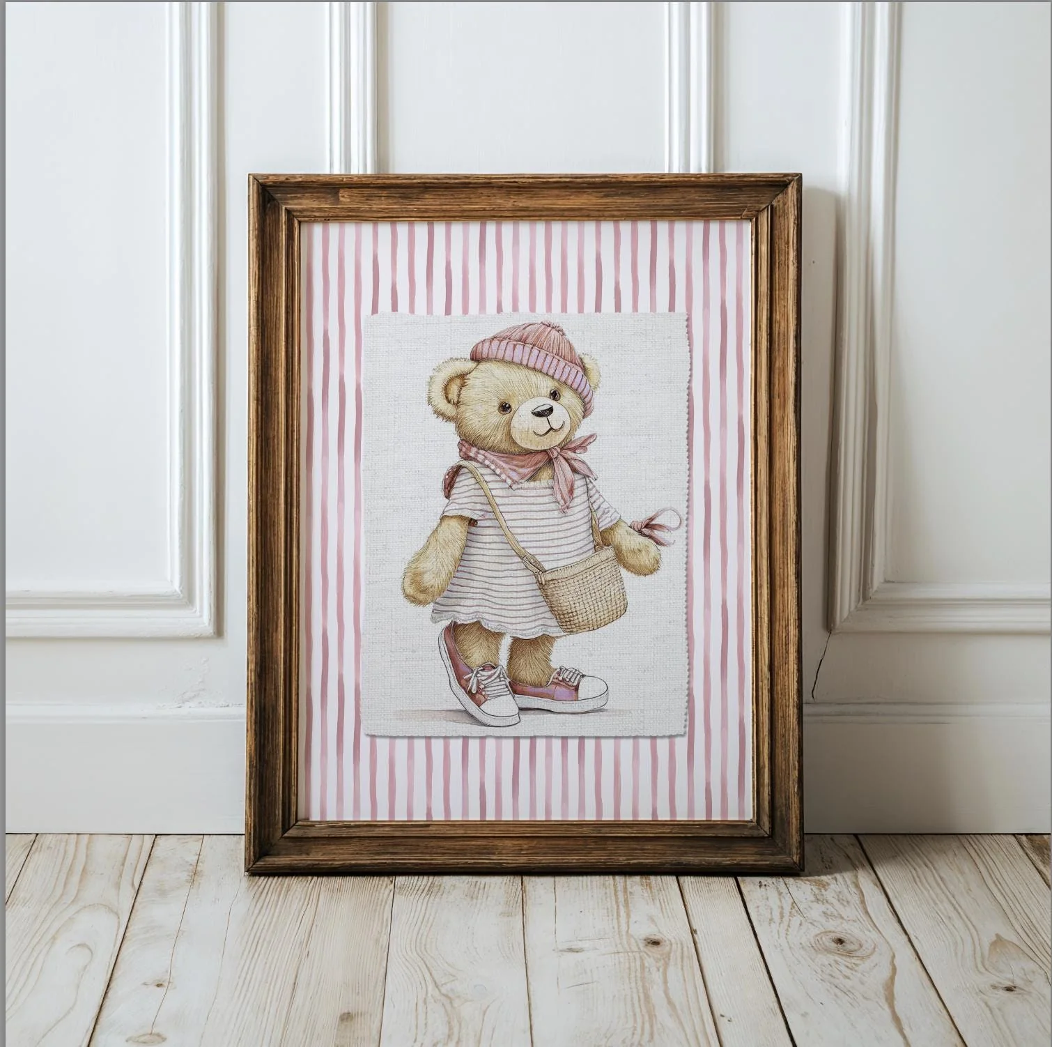 Pink Striped Wall Art Set Of 3 Bear Prints Nursery Room Decor - Image 5