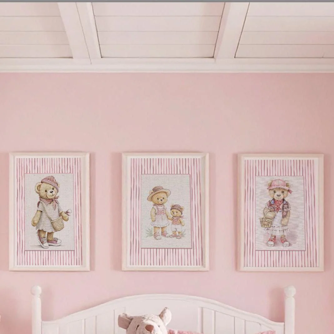 Pink Striped Wall Art Set Of 3 Bear Prints Nursery Room Decor - Image 8
