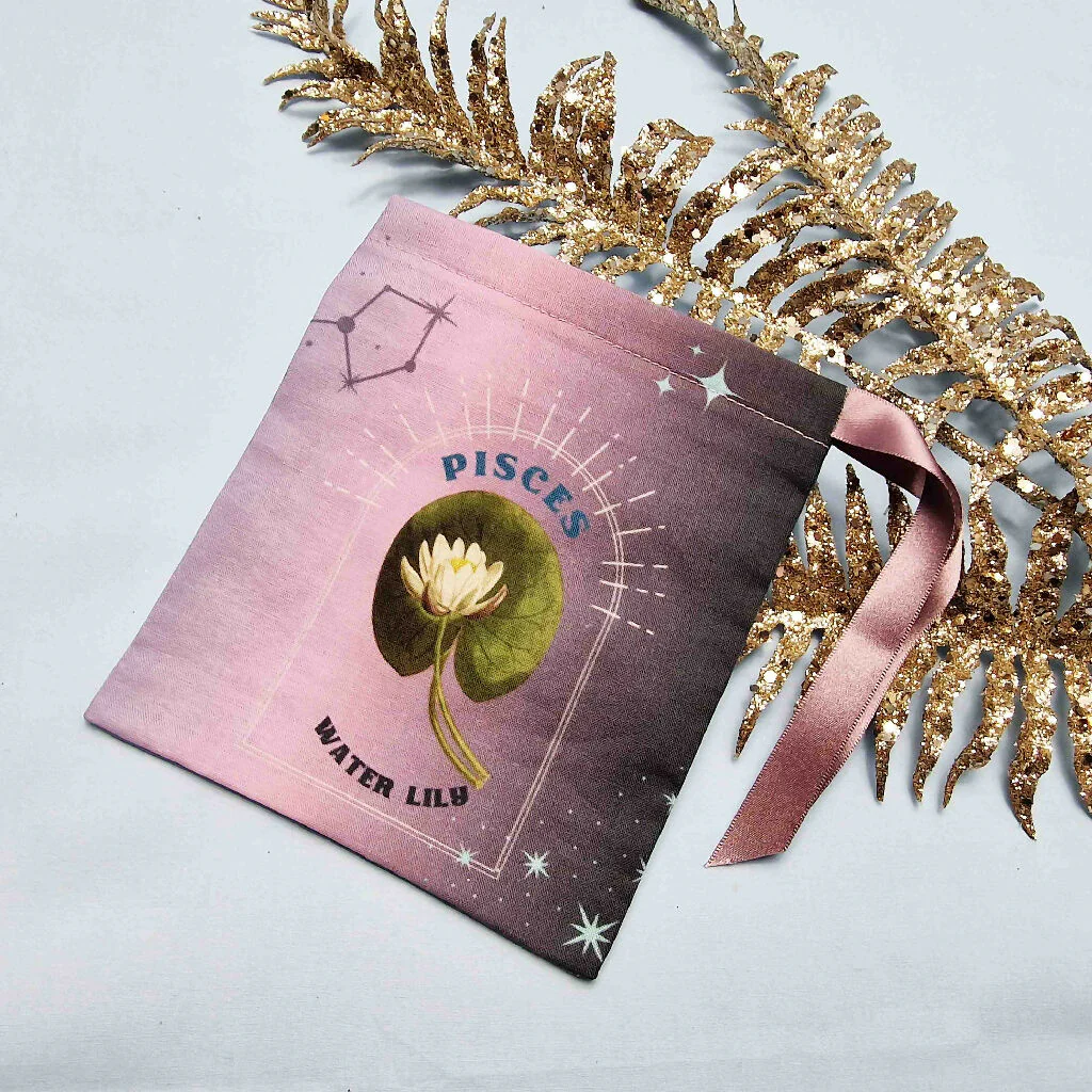 Pisces Water Lily Birth Flower Gift Pouch in Blue and Purple - Image 3