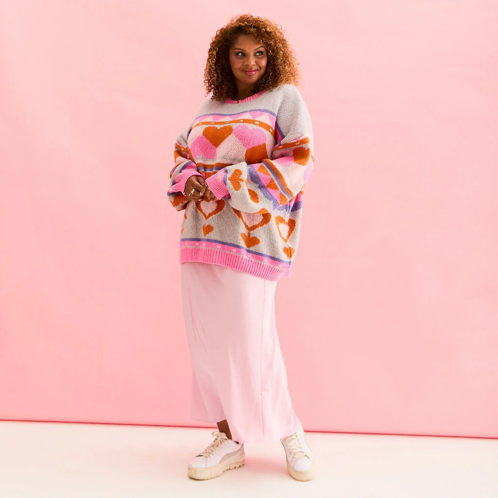 Poppy Heart Intarsia Balloon Sleeve Oversized Jumper - Blue - Image 10