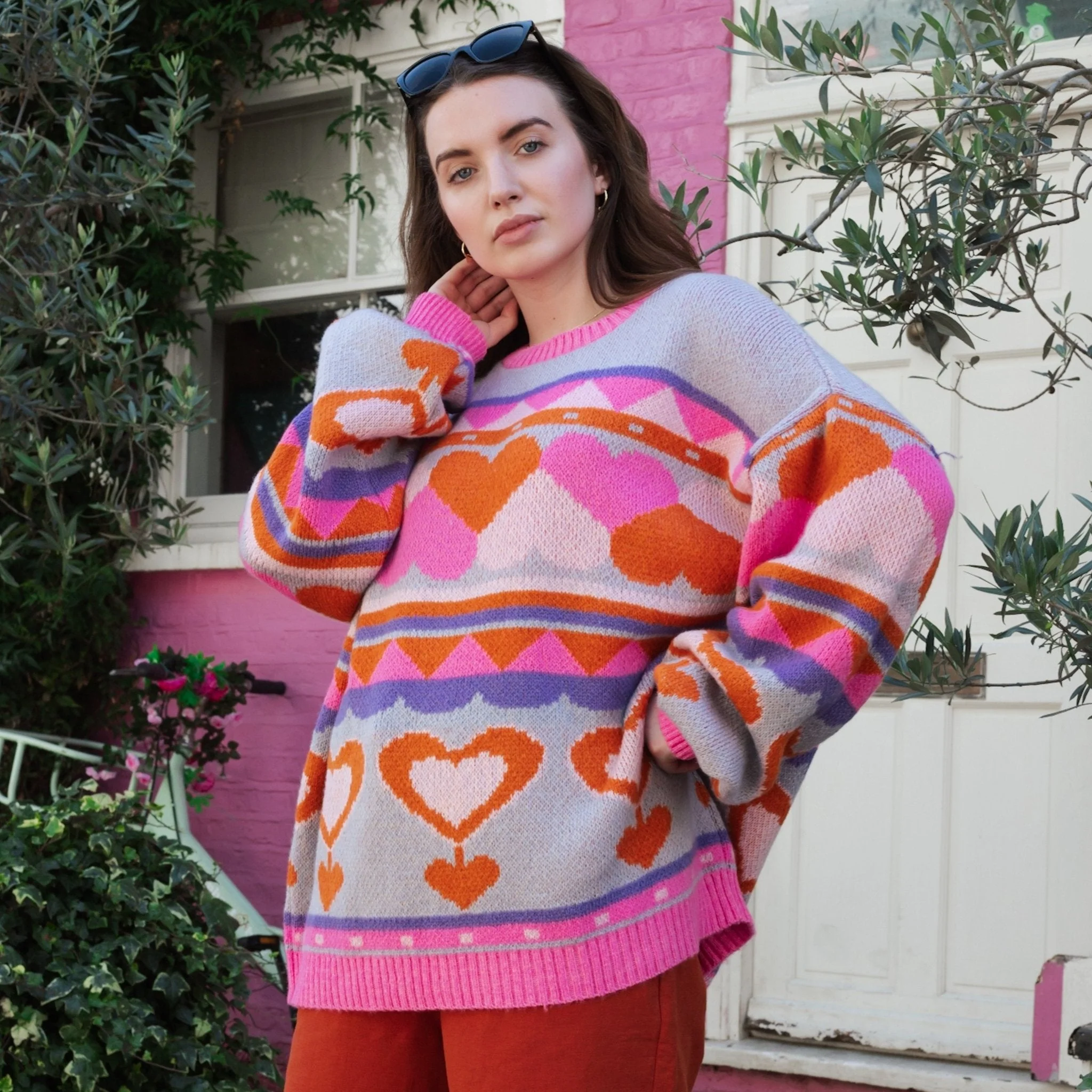Poppy Heart Intarsia Balloon Sleeve Oversized Jumper - Blue - Image 2