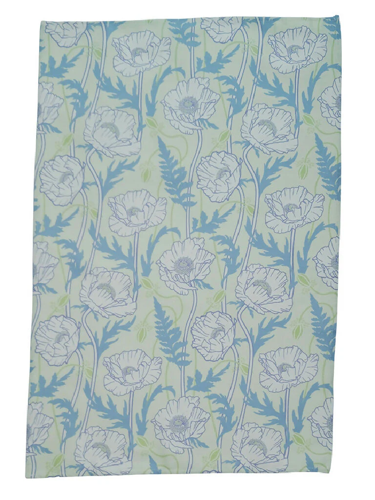 Poppy pattern tea towel in pale green/ blue - Image 5