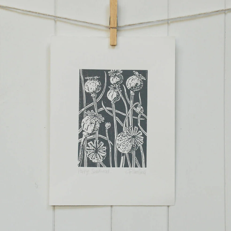 Poppy Seedhead in Charcoal - Open Ended Edition - Original Linocut Print