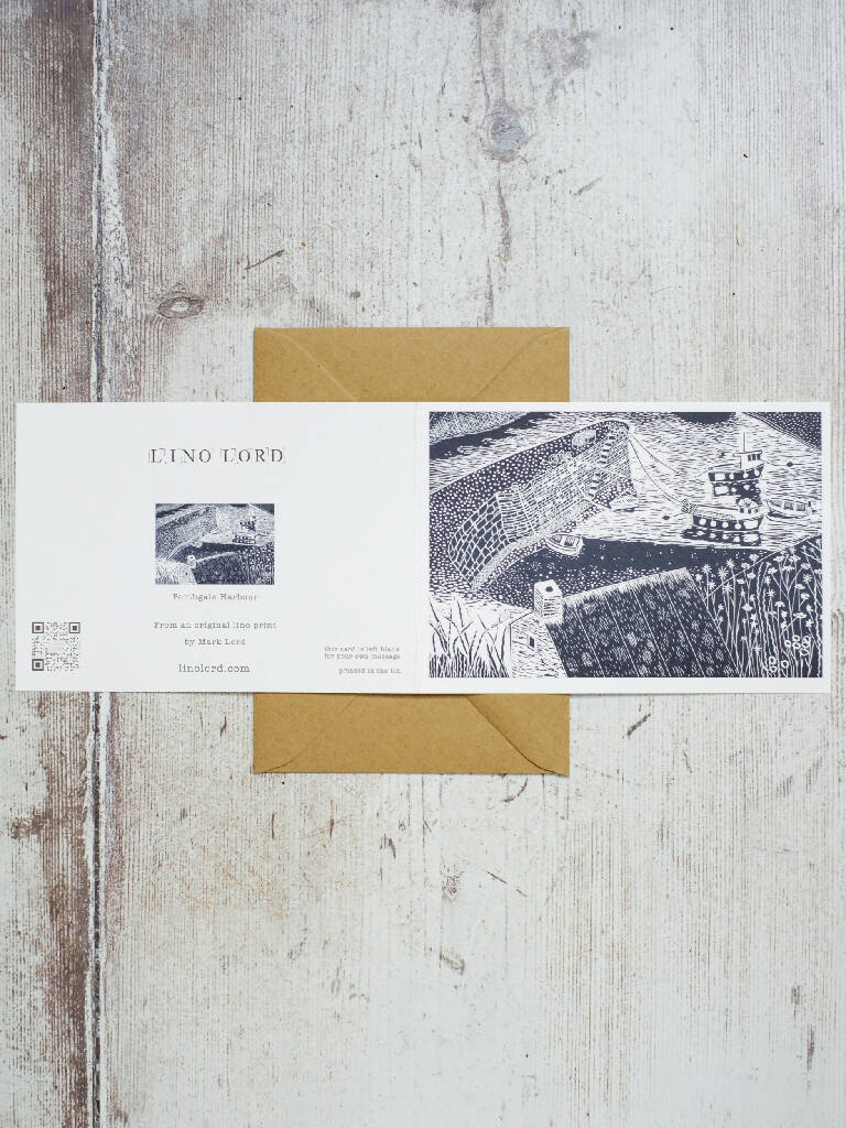 Porthgain Harbour, St Davids A6 Lino Print Greeting Card - Image 3