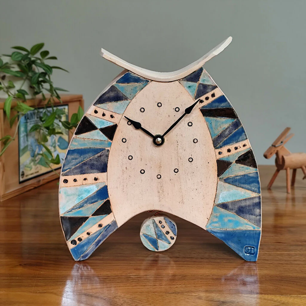 Pottery Mantel Clock Triangle Pattern In Shades Of Blue - Image 3